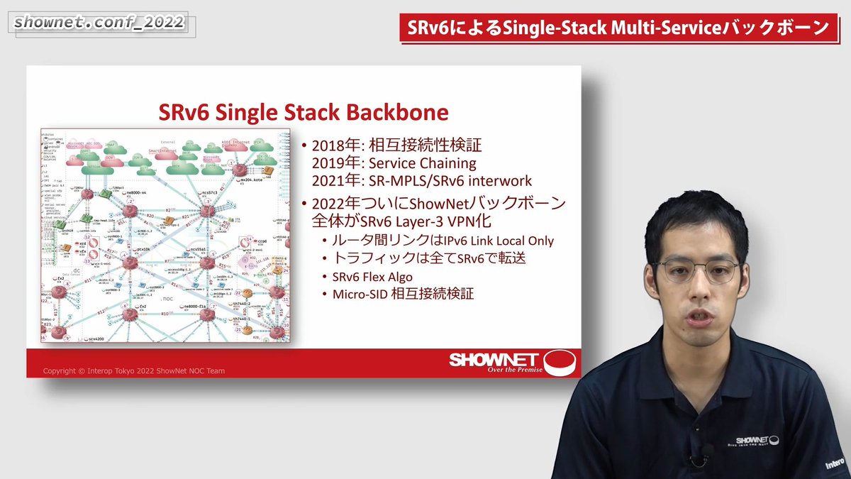 ShowNet_NOCTeam's tweet photo. 配信中の「shownet.conf_」のセッションちょいだしします。バックボーンのセッションは「SRv6によるSingle-Stack Multi-Serviceバックボーン」。NOCメンバー廣瀬さんがShowNetのバックボーンで採用した技術や設計のキモについて紹介してます。
https://t.co/u9kdv7XKCJ
#shownet
#interop22
#SRv6 https://t.co/w4TmLztnW3