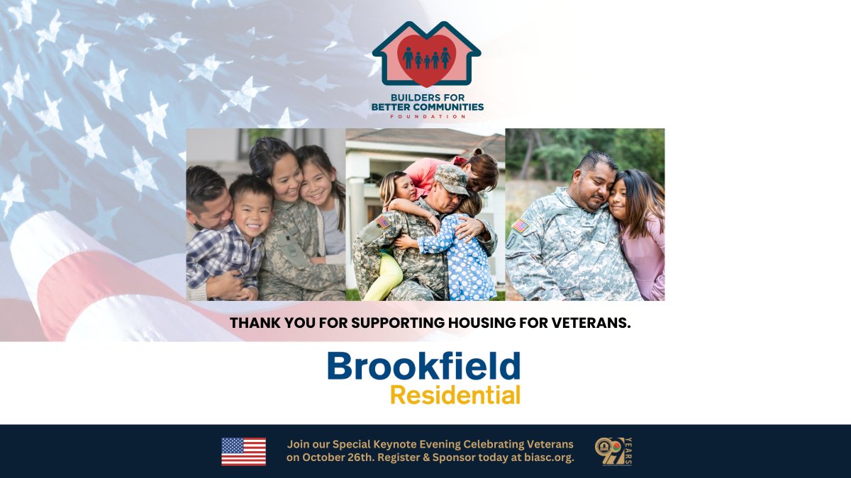 BIASC's tweet image. Thank you to @BrookfieldSoCal for supporting housing for veterans. 🏠 🇺🇸 Register and Sponsor today for our Special Evening Honoring Veterans on October 26th in partnership with our new nonprofit Builders for Better Communities: rb.gy/nqwbkw. #BIASC #veterans