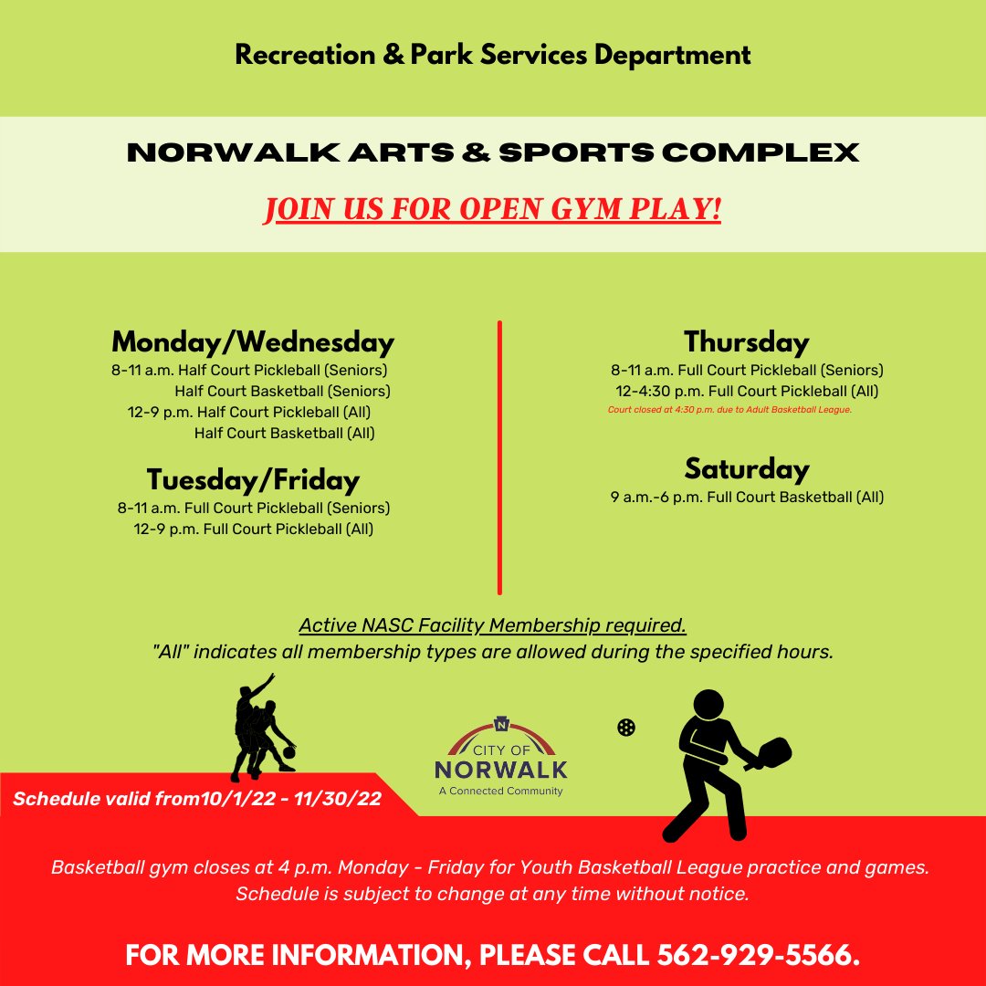 Whether you’re joining us for basketball or pickleball, just a friendly reminder that an active NASC facility membership is required.
For more information, please visit the Norwalk Arts &amp; Sports Complex, or call (562) 929-5566.
#norwalkca #connectedcommunity #2022betteryou
