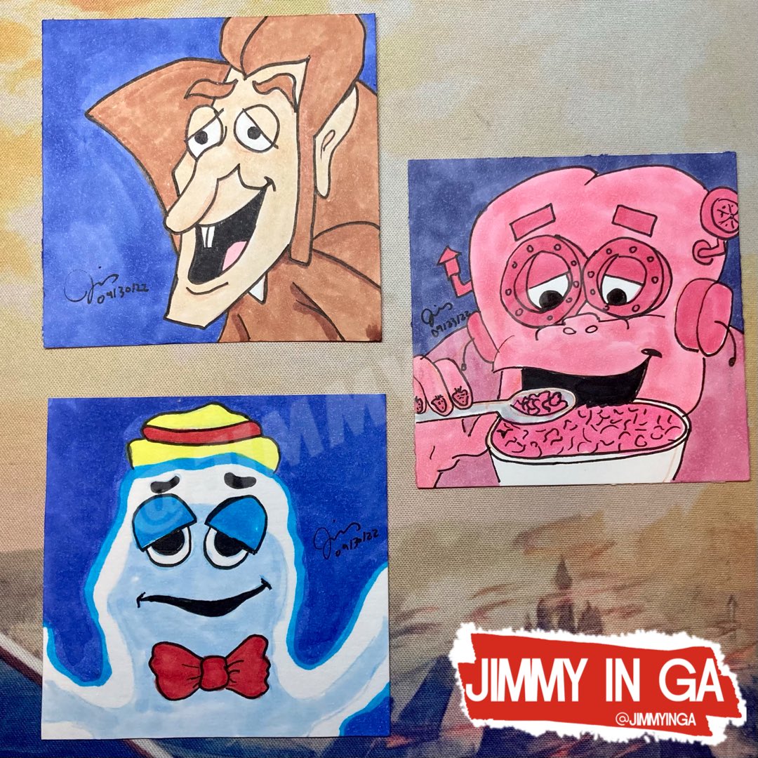 JimmyinGA's tweet photo. I did some quick #sketches of the #mascots of #MonsterCereals, #CountChocula, #Frankenberry & #Booberry. I colored them with #CopicMarkers. These are 3” x 3”s on #MarkerPaper. #Halloween #Breakfast #CerealMascots #MonsterCereal #GeneralMills #Nostalgia https://t.co/fzCHPGRaeZ
