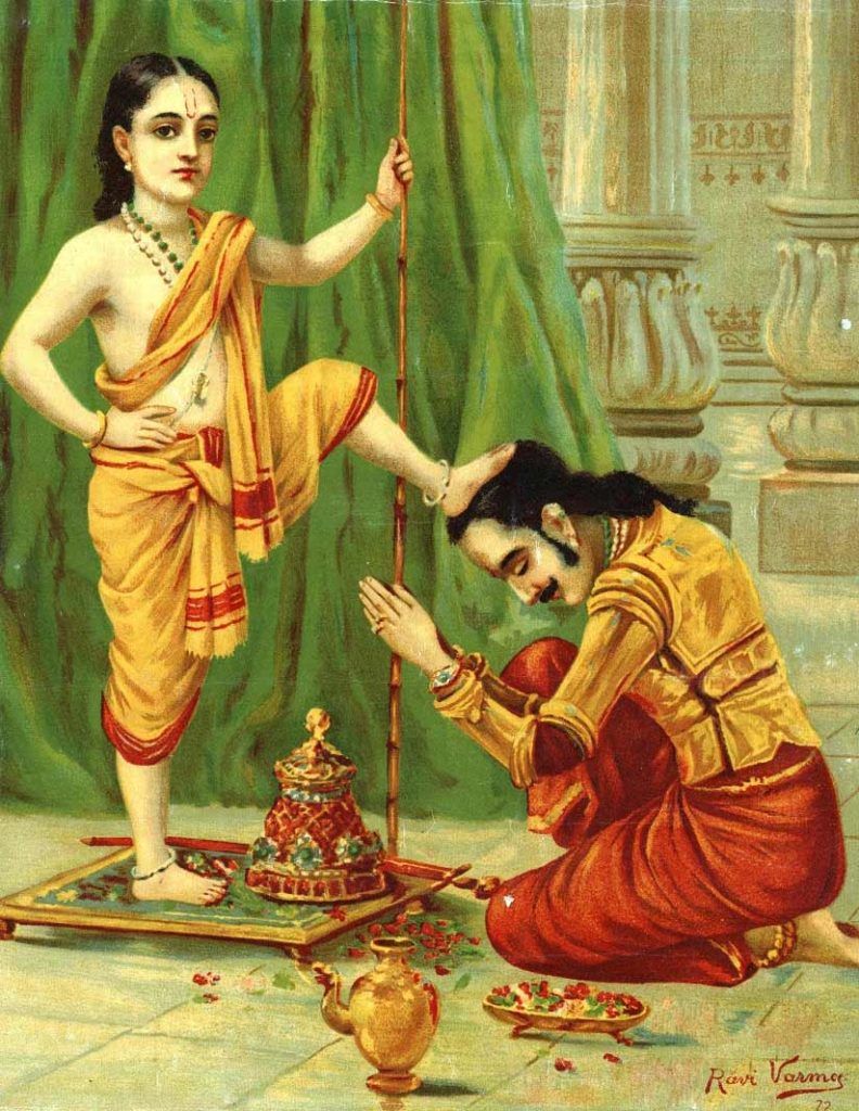 Vamana Avatar, an incarnation of bhagwan श्री हरि where he assumes the form of a young brahmin boy. The reason for this incarnation runs as follows: Bali, the grandson of Prahalad, although good and virtuous conquered all the worlds resulting in the gods serving him 🌺🌺🌺