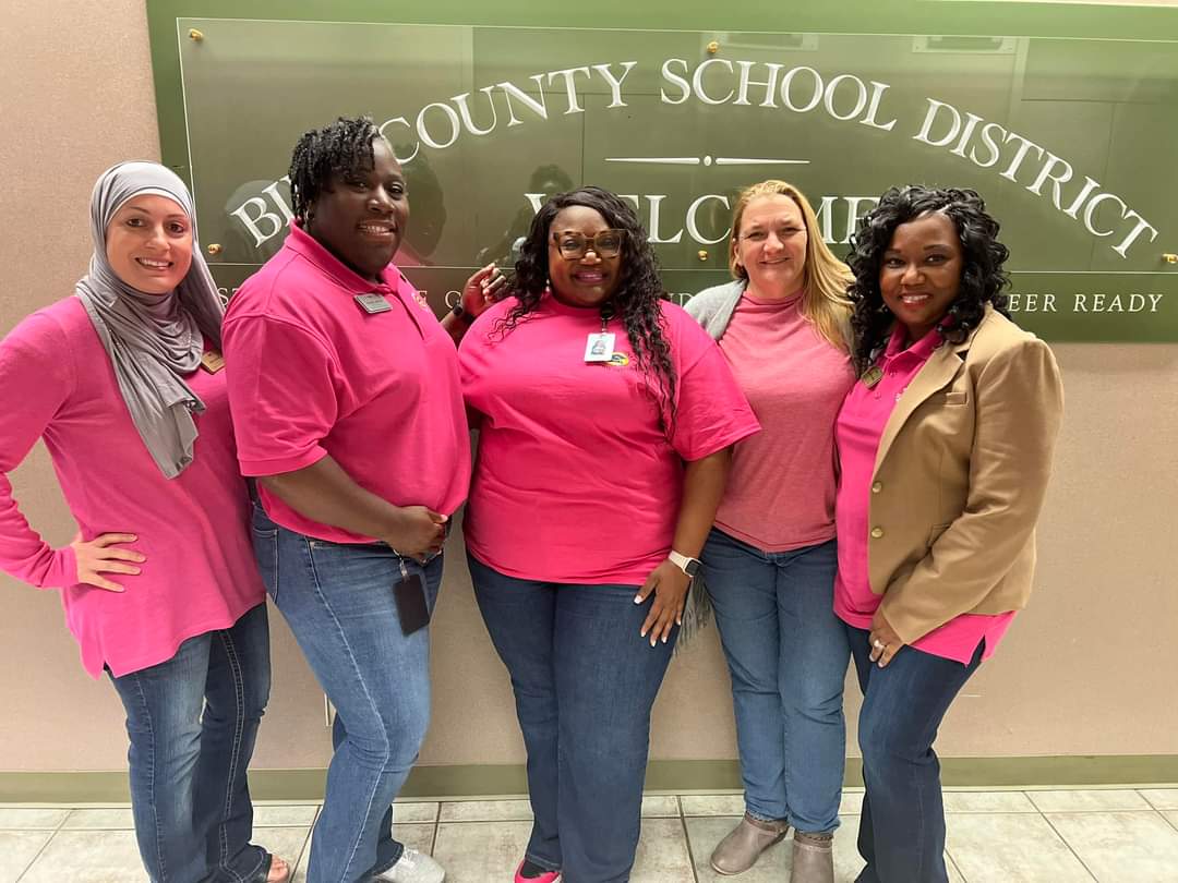 HallRRG's tweet photo. Some of our wonderful Behavior Specialists and Instructional Coaches dressed in pink to support the fight against breast cancer! @BibbPec @mogorman_bcsd @AreeByrd #Built4Bibb #Built2Grow #BibbPEC #BibbVIP https://t.co/6liReM9iyu