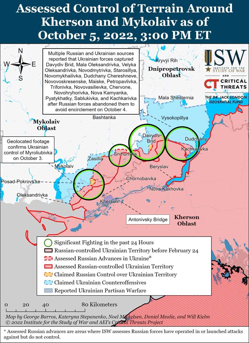 TheStudyofWar's tweet photo. Southern Axis Update:

#Ukrainian troops likely consolidated positions and regrouped in northern #Kherson Oblast after making major gains in the last 48 hours. /1
https://t.co/KBHCXtN1Qd https://t.co/N6OXHqcFoF