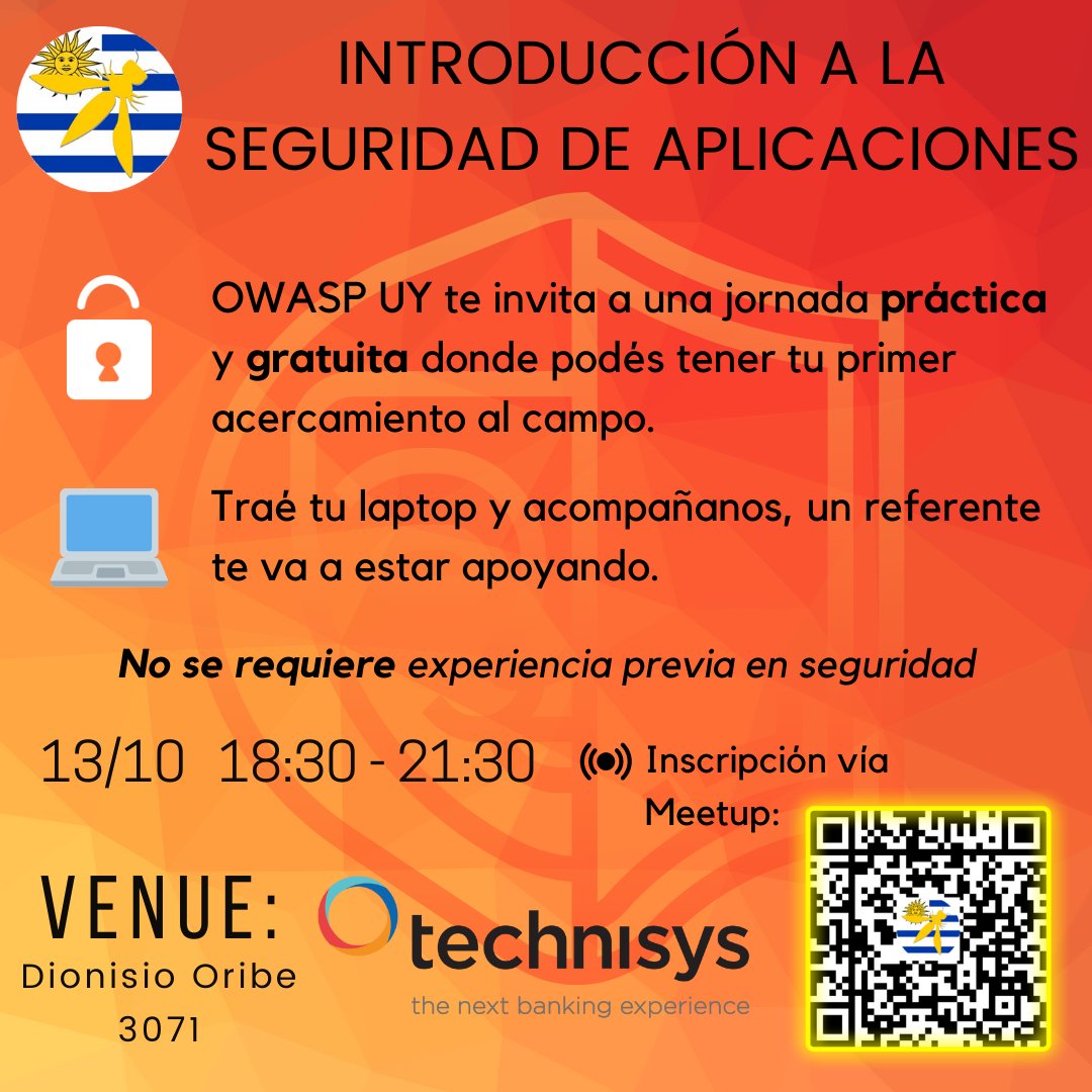 Si te interesa adentrarte en la seguridad de aplicaciones de forma práctica es tu momento 😎

Se viene la segunda jornada de la serie de eventos presenciales.

Los cupos son limitados. Registro y más detalles en Meetup: meetup.com/owasp-uruguay-…