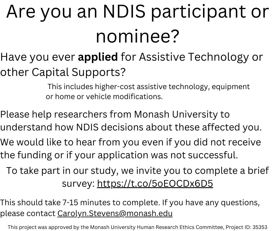 If you are an #NDIS participant or a nominee, please help us better understand assistive tech funding decisions! shorturl.at/iuwY3 
<a href="/Monash_Arts/">Monash Arts</a> <a href="/MonashInfotech/">Monash Information Technology</a> <a href="/StevensCaro/">Carolyn S. Stevens</a> 
<a href="/barbaraneves/">Dr Barbara B. Neves FRSA FHEA</a> <a href="/Limbs4LifeInc/">Amputees Limbs 4 Life Australia</a> <a href="/fight_pd/">Fight Parkinson's</a>