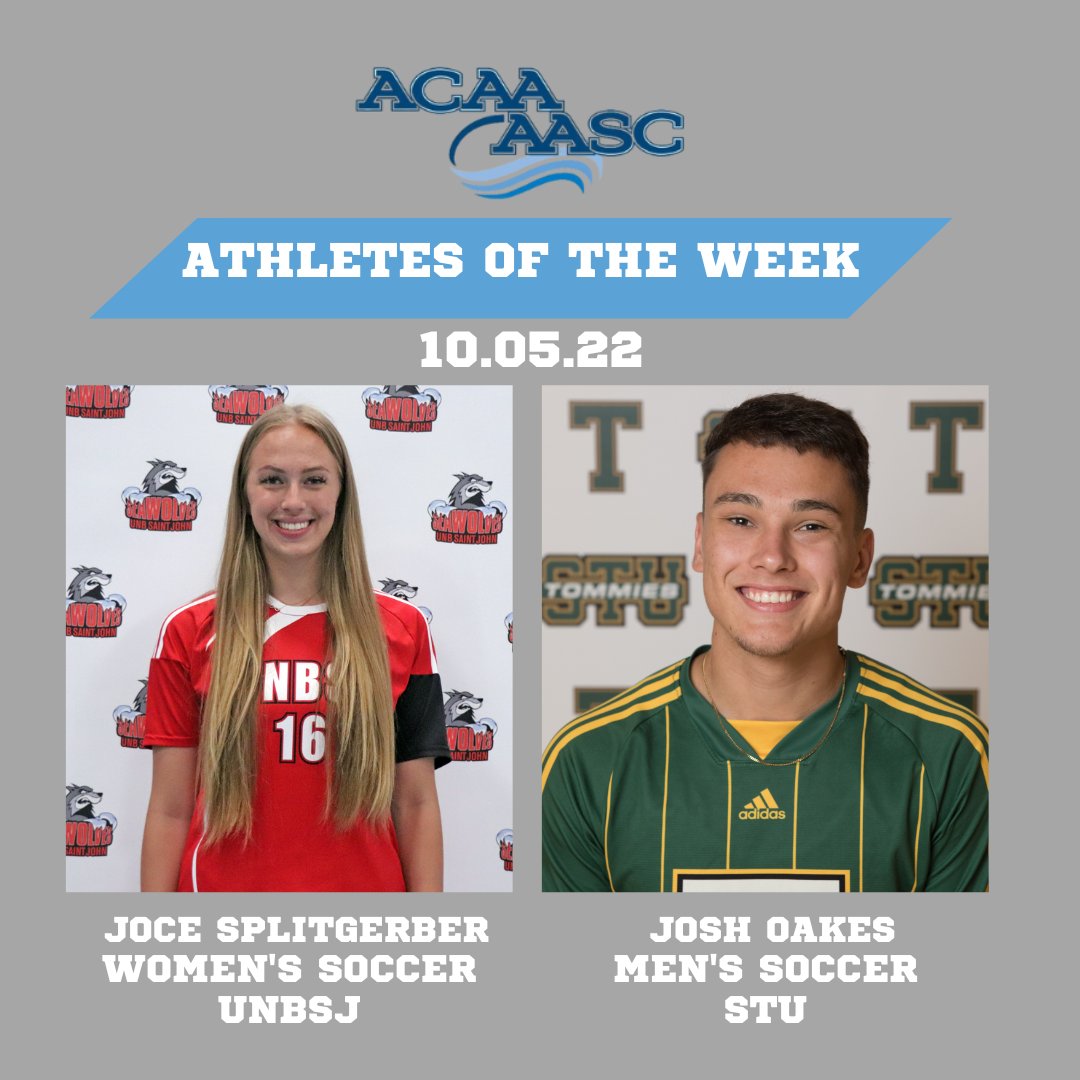 🚨 ATHLETES OF THE WEEK/ATHLÈTES DE LA SEMAINE 🚨

⚽️ Joce Splitgerber, UNBSJ 
⚽️ Josh Oakes, STU
👏 Congratulations Joce and Josh/Félicitations Joce et Josh!
FULL STORY: acaa.ca/aotw/index