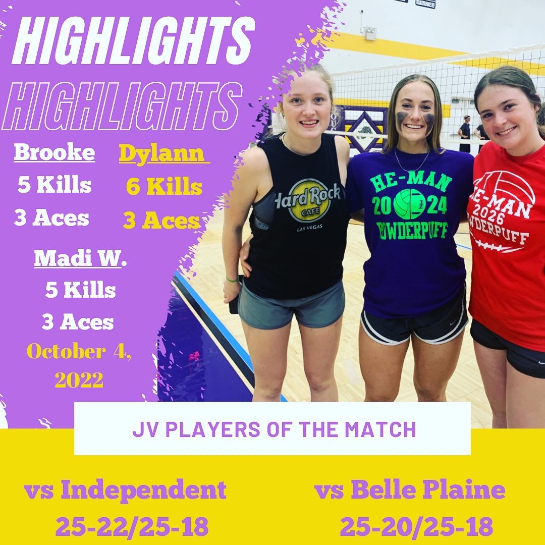The Varsity and JV had a 🧹SWEEP 🧹 yesterday! Congrats ladies on your league wins! Here are your players of the night! 💜🏐💛