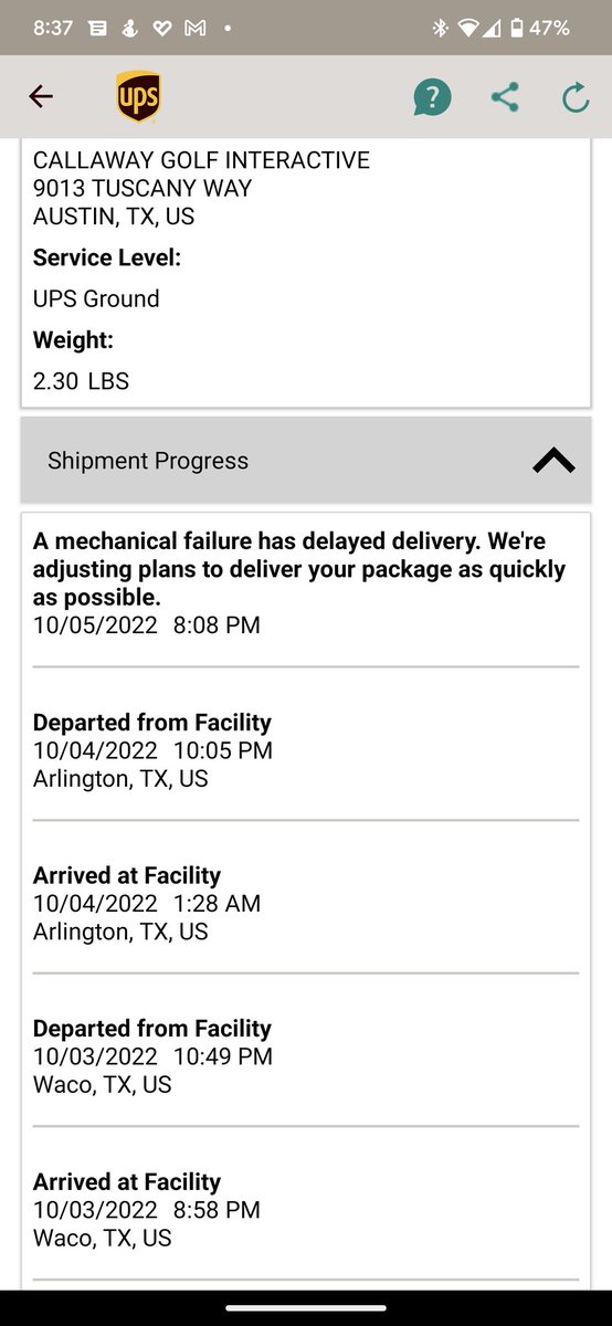 Craigta's tweet photo. @UPS tell me more about this mechanical failure sure seems like the flight is leaving.    Or does mechanical failure mean something much worse and my package will never arrive? https://t.co/1EWaXGrYpH