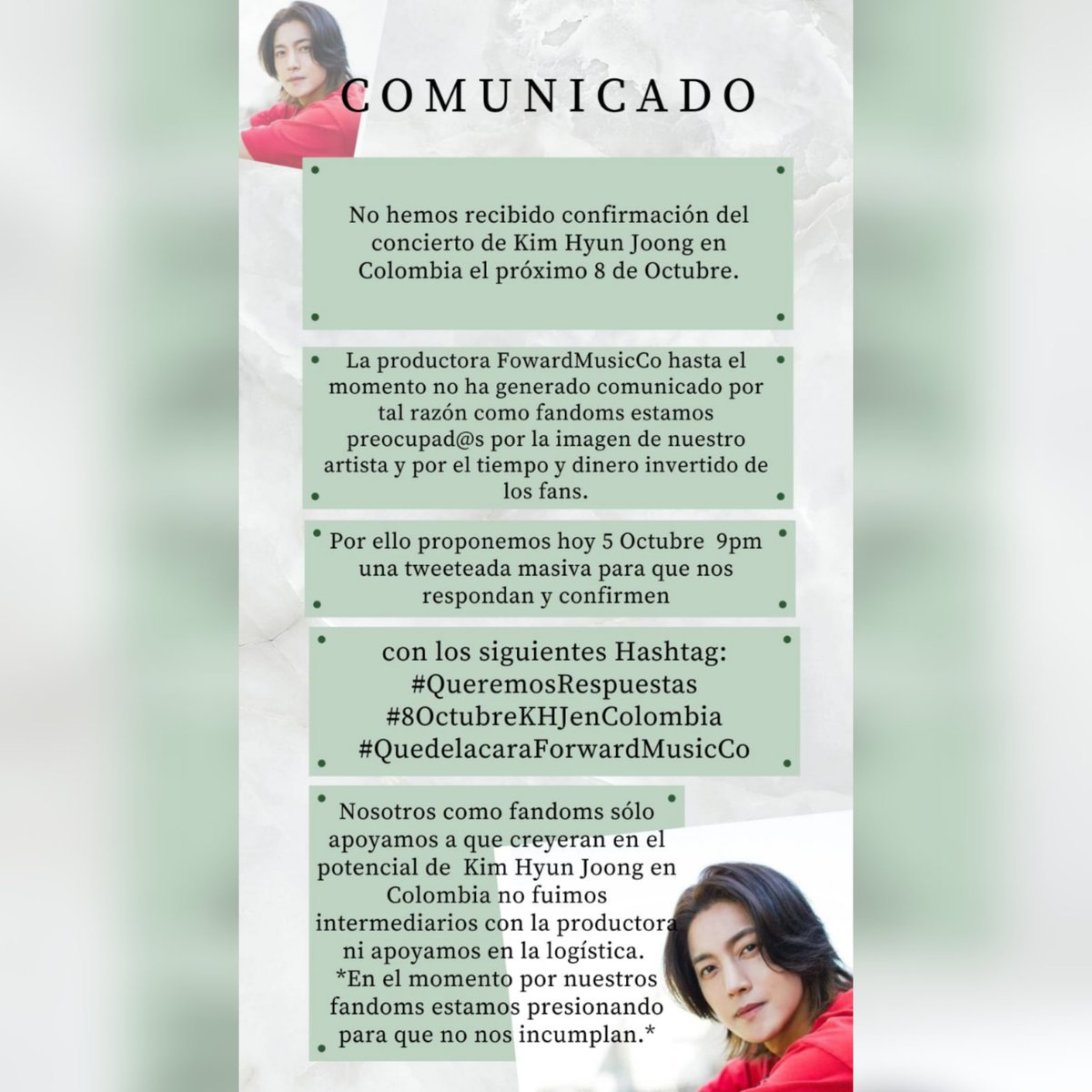 khjheneciacolfc's tweet photo. Pedimos ayuda para que nos cumplan con el concierto #queremosrespuestas #8OctubreKHJenColombia #QuedelacaraForwardMusicCo https://t.co/7tav9Cjvir