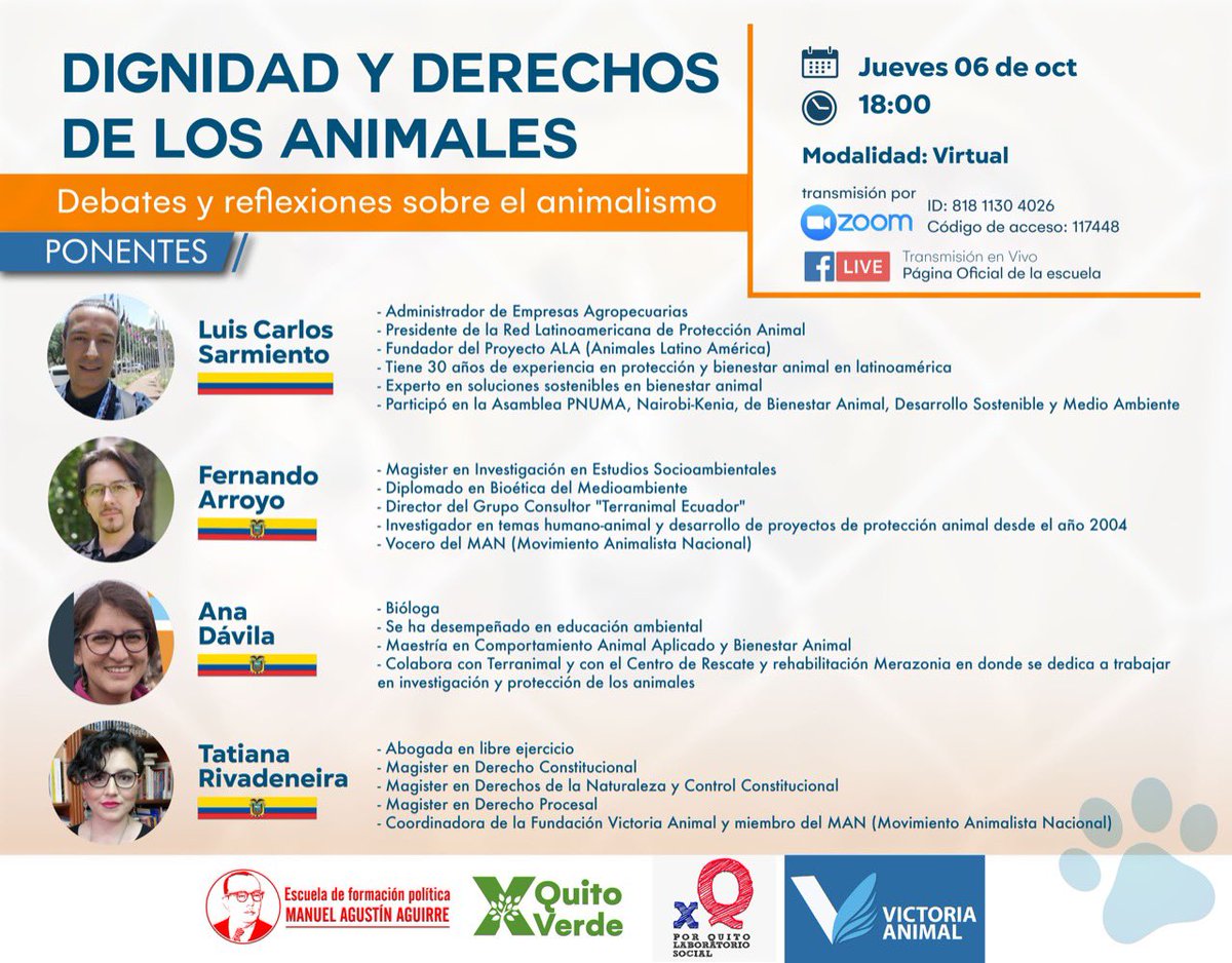 PSEcuatoriano's tweet photo. Nos complace invitar a toda nuestra comunidad al foro: “Dignidad y derechos de los animales” 🐻🐤🐶 
Organizado por la Escuela Manuel Agustín Aguirre en conjunto con X Quito Verde, Por Quito Laboratorio social y Victoria Animal. 

Nos vemos mañana 👋🏻 https://t.co/HcSATjcHNU