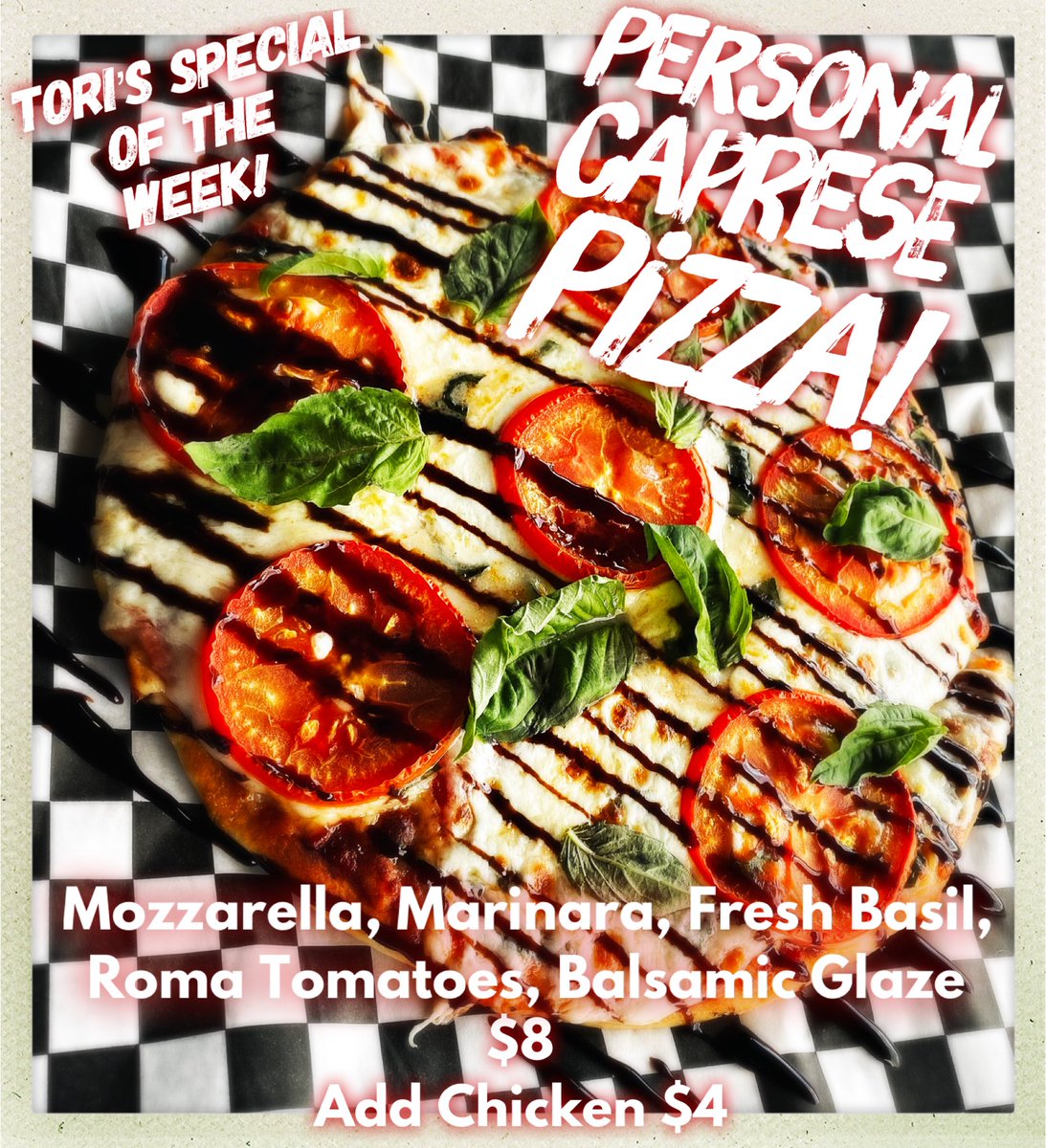 SurlyWenchPub's tweet photo. Toriโs Special of the Week! 10/5-10/9 ๐ค๐ค๐ค. #specialoftheweek #pubgrub #surlywenchpub #surlywench #surly #historicfourthave #tucson #tucsonfoodie #thisistucson #caprese #personalpizza https://t.co/ppyioHJRWB