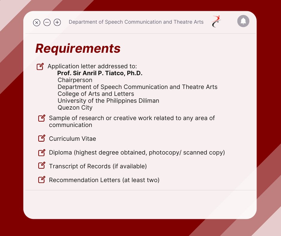 UPDscta's tweet photo. The Department of Speech Communication and Theatre Arts is hiring four (4) full-time faculty for the the Second Semester of AY 2022-2023. https://t.co/giborAsG4W