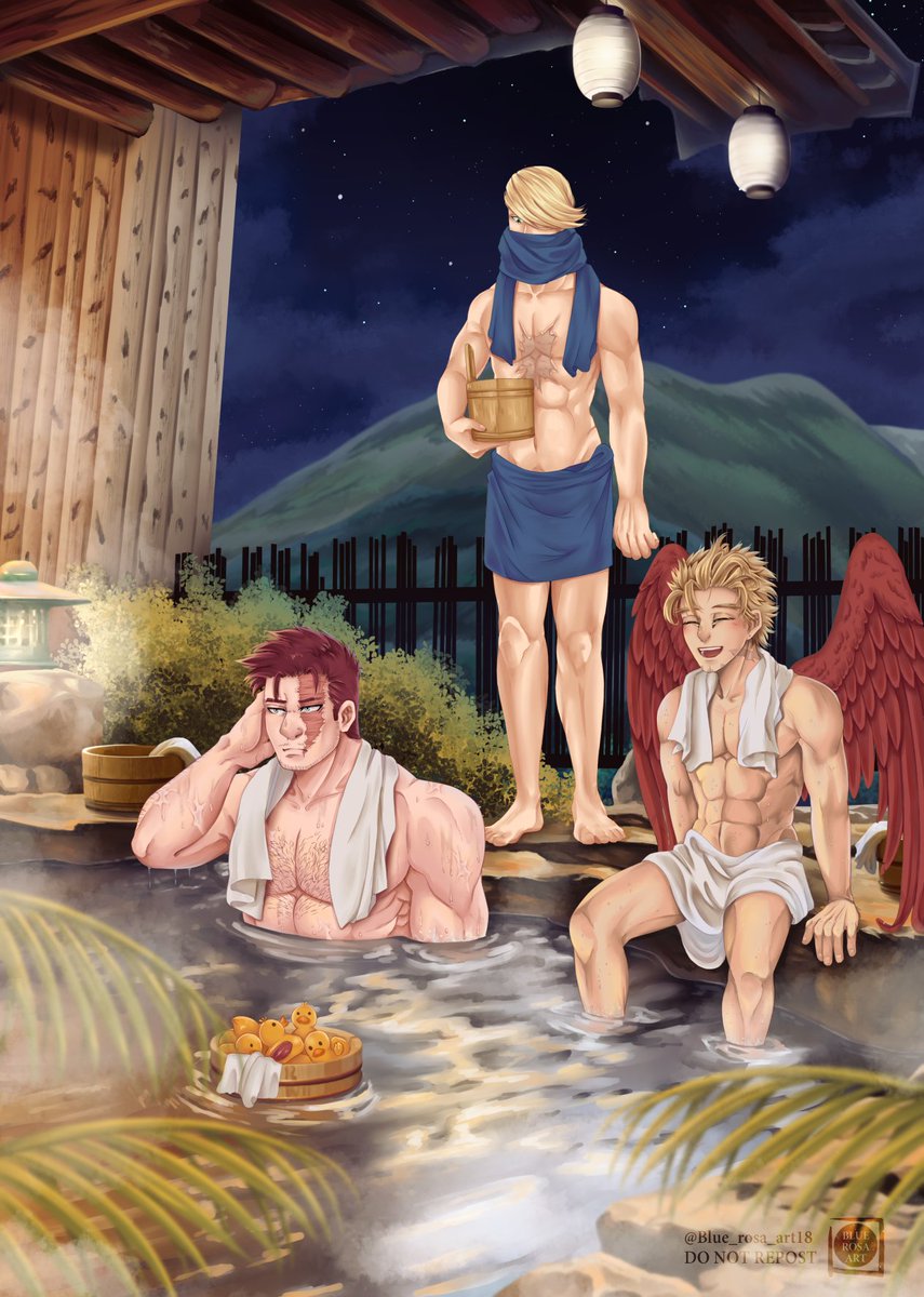 Finally I'm able to share the work I did for <a href="/IndulgeZine/">Indulge @ COMPLETED</a>!
Just the top 3 pro heroes chilling in the fukuoka onsen, 3 feet apart, who may or may not be gay >:D

#bestjeanist #enjitodoroki  #MHAFanArt  #hawksfanart