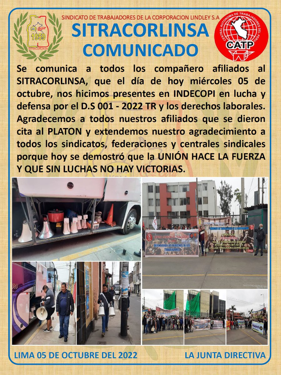 SITRACORLINSA's tweet photo. SITRACORLINSA presente en la lucha y defensa del D.S 001 - 2022 TR y los derechos laborales de todos los trabajadores. https://t.co/NVg4PUzHT4