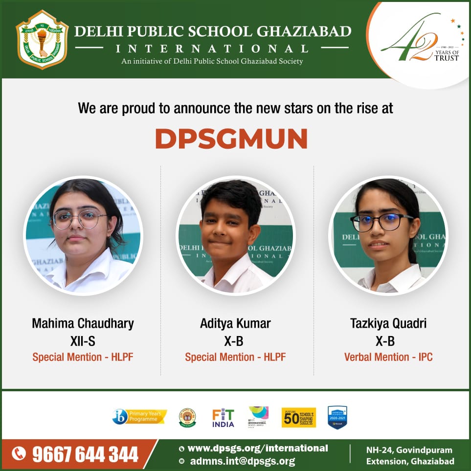 IDpsgI's tweet photo. Heartiest Congratulations to first timers Mahima Chaudhary of XII S and Aditya Kumar of XB who performed exceedingly well at DPSG MUN 2022.Tazkiya Waseem Quadri of XB also made the school proud by securing the Verbal Mention in her committee of International Press.
#DPSGI https://t.co/fxMoqEc9pt