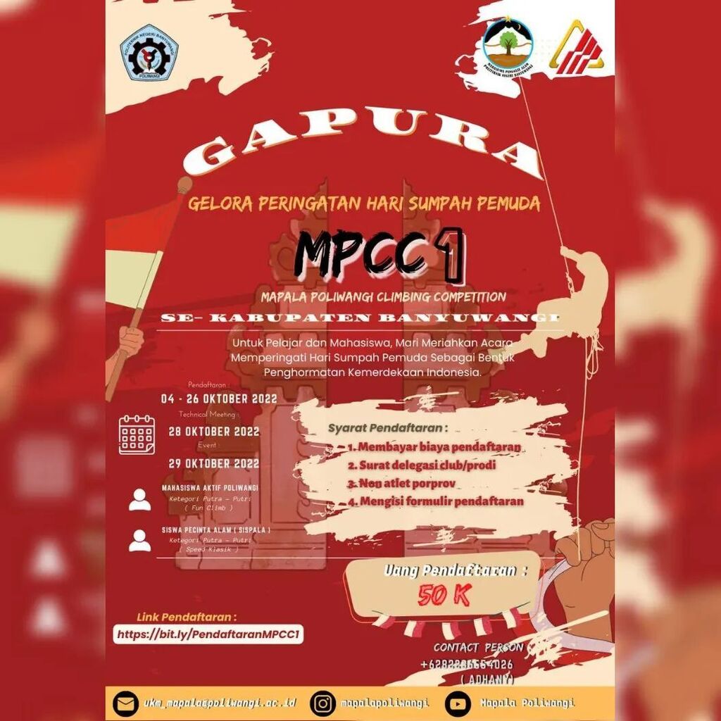 EventBwi's tweet image. Assalamualaikum Wr.Wb
Om Swastiastu, Shalom, Nammo Budhaya🙏🏻
Salam Lestari🍃

Hallo, Adik-Adik Pelajar dan Mahasiswa👋
Ada kabar baik nih untuk kalian. Dalam memperingati Hari Sumpah Pemuda, kami UKM Mapala Poliwangi telah membuka pendaftaran Climbing … instagr.am/p/CjWrz7wphNV/