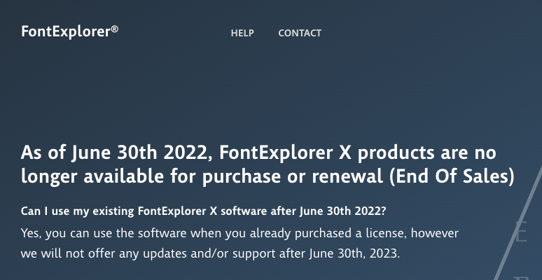 t_fukui's tweet photo. FontExplorer Xてディスコンになってたのか。最近情報追えてなかったから今頃気がついた。v1から愛用してきたのにな。2023年6月まではサポートある様だけどCC2023対応するかしら? 乗り換え先探さなきゃ…
#Monotype #FontExplorer #DTP #FontManager #macOS #フォント管理
https://t.co/LcumuLhREm https://t.co/aBwpC4aw8X