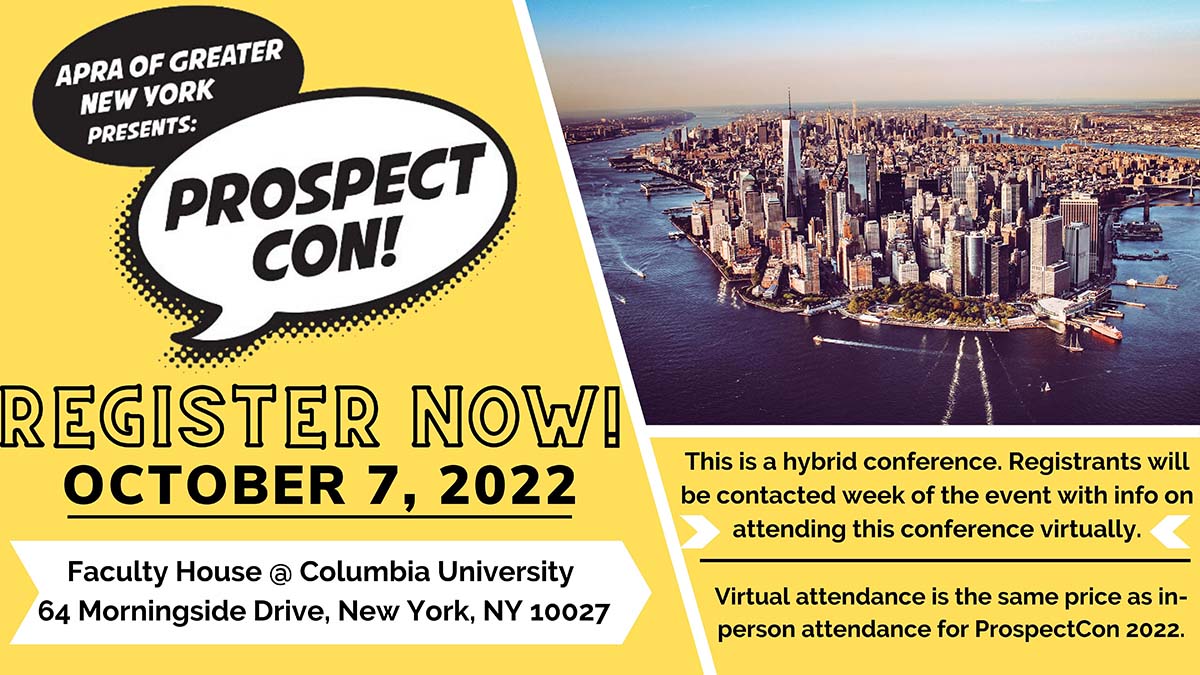 Apra_GNY's tweet photo. ProspectCon is this Friday, October 7th! Virtual and in-person at the Faculty House at @Columbia  Register now at the following link: https://t.co/O7wAhpN8kv #apragny #apragreaternewyork #prospectresearch #prospectdevelopment #prospectdevelopment #nonprofit #highereducation https://t.co/OVfL2X5lVa