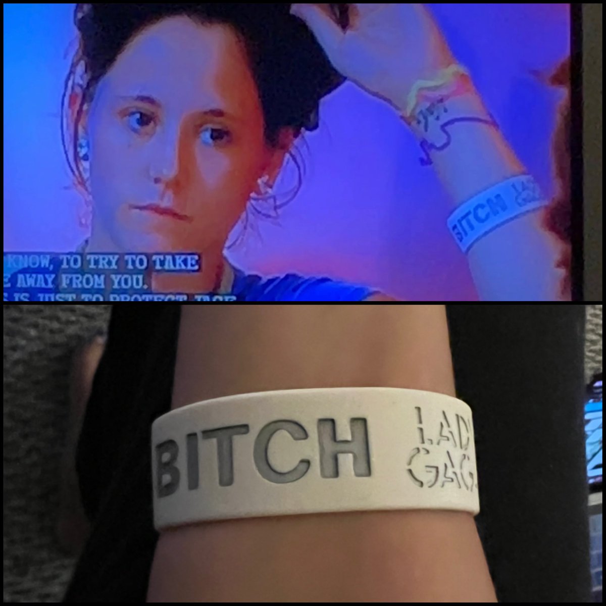 I just noticed that Jenelle Evans (@PBandJenelley_1) & I had the same Lady GaGa “I’M A FREE BITCH” bracelet. https://t.co/ckC2fzQehy