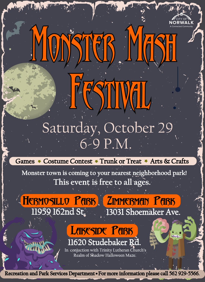 All treats and no tricks here! Come join Norwalk’s Monster Mash Festival Saturday, October 29!
For the second year in a row, the Halloween Festival will take place at 3 of our local parks.
Get ready for games, crafts, food vendors, costume contests, and more!