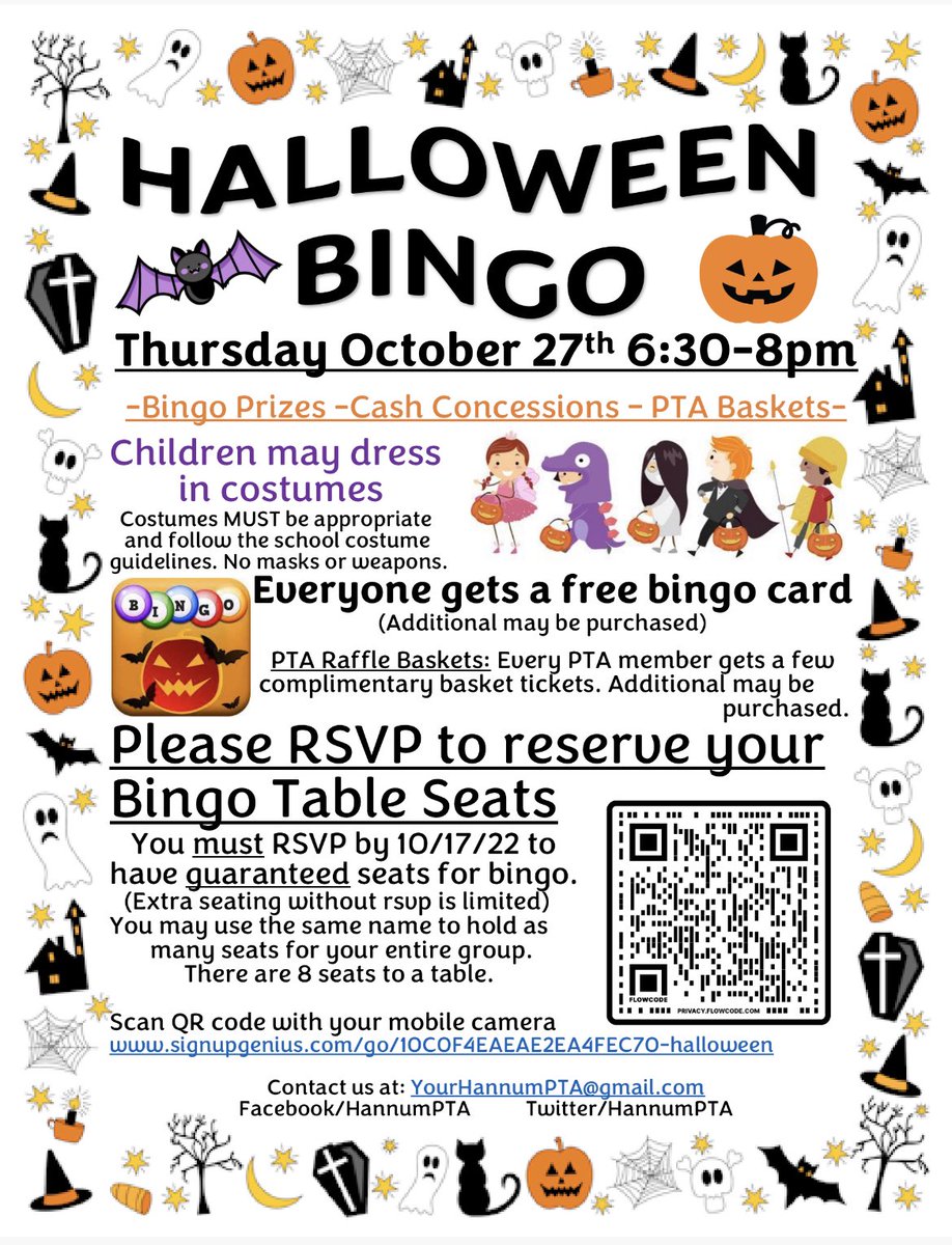 -We have a PTA Meeting next Wednesday 10/12 at 6:30pm in the staff lounge. 

-PTA Halloween Bingo is Thur 10/27. 
Please RSVP your table at m.signupgenius.com/#!/showSignUp/…