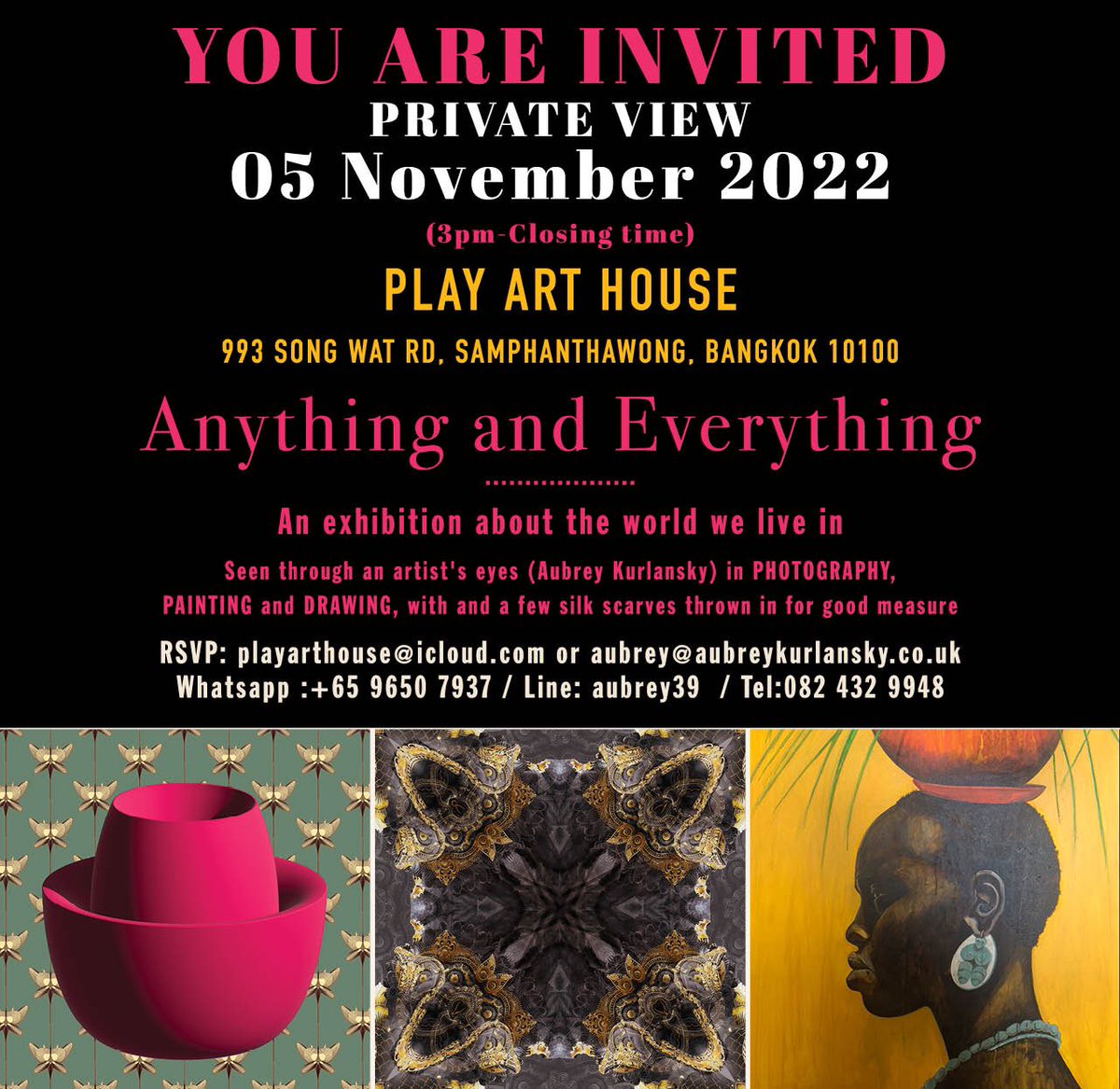 KurlanskyA's tweet photo. Anything and Everything #Art #graphics #photography #patterns #colour #illustrations #silk #scarfs #whiteonblue #fineartcreations  New exhibition opens 5 November 2022 #artplayhouse watch this space #bangkokthailand https://t.co/HcTwXXlsW1