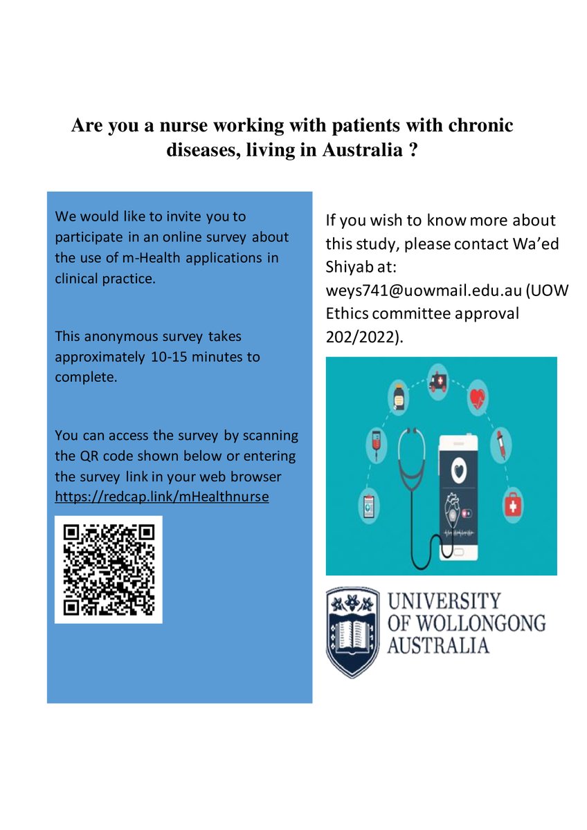Wa'ed shiyab (@wshiyab) on Twitter photo We would really appreciate you taking the time to complete or share this survey, so we can better understand mobile health apps use among nurses!
The survey link is redcap.link/mHealthnurse
<a href="/LizHalcomb/">Liz Halcomb</a> <a href="/calebferg/">Caleb Ferguson</a> <a href="/kaye_rolls/">Dr Kaye Rolls</a> <a href="/UoWnursing/">UOW School of Nursing</a> We would really appreciate you taking the time to complete or share this survey, so we can better understand mobile health apps use among nurses!
The survey link is redcap.link/mHealthnurse
<a href="/LizHalcomb/">Liz Halcomb</a> <a href="/calebferg/">Caleb Ferguson</a> <a href="/kaye_rolls/">Dr Kaye Rolls</a> <a href="/UoWnursing/">UOW School of Nursing</a>