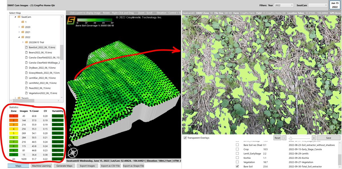 2/2 #swatzone 10 image shown here. @swatmaps  #swatcam creates these 4 data layers: Bare soil, residue, crop, weeds. Will be interesting to show correlations of bare soil/residue to crop emergence and yield.