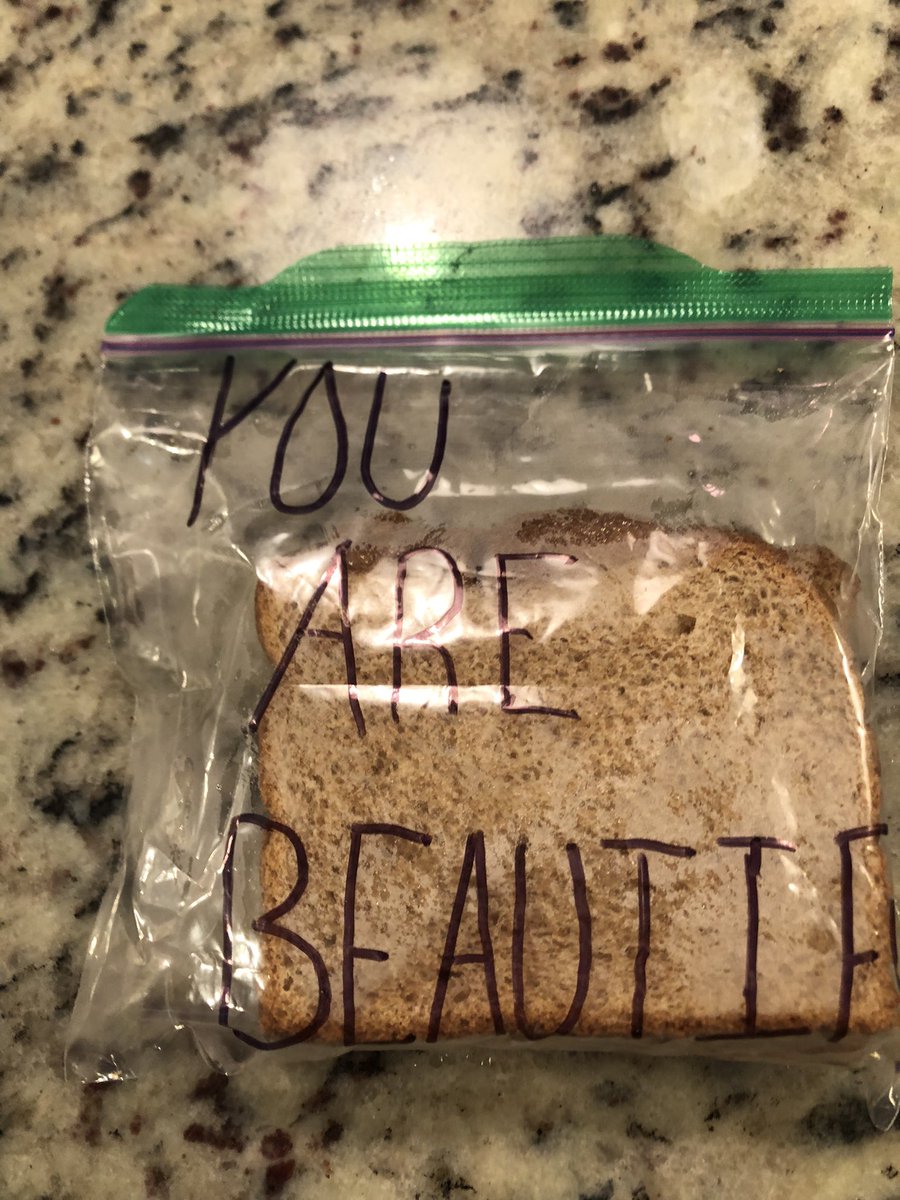 kristencompston's tweet photo. 8th grader daughter social studies assignment: Each student given $5 to make a small improvement in our community. She bought bread, pb, &amp; honey to make sandwiches for unhoused folks. Just looked in the fridge &amp; saw what she wrote on them. https://t.co/fEJLHUIGoh