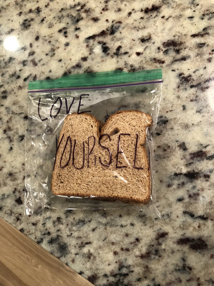kristencompston's tweet photo. 8th grader daughter social studies assignment: Each student given $5 to make a small improvement in our community. She bought bread, pb, &amp; honey to make sandwiches for unhoused folks. Just looked in the fridge &amp; saw what she wrote on them. https://t.co/fEJLHUIGoh