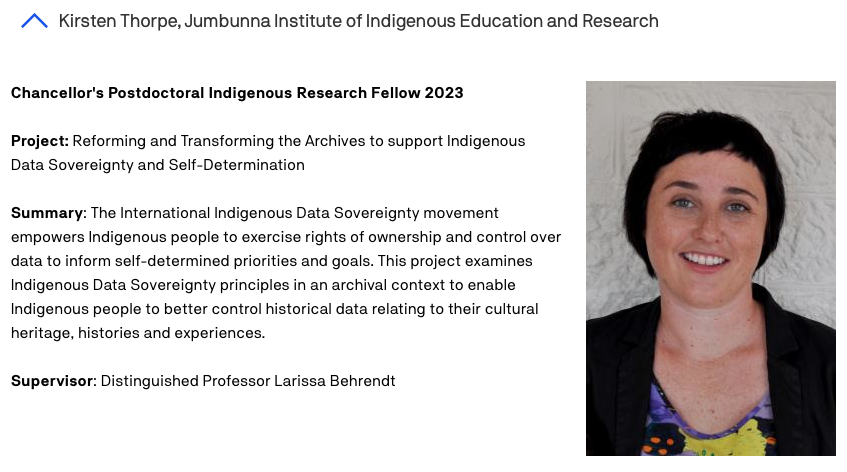 Incredibly proud to have received the 2023 UTS Chancellor's Post-Doc Indigenous Fellowship to look at Indigenous Data Sovereignty in an Archival Context. Huge thanks to @LarissaBehrendt and @Jumbunna_Inst for all of your ongoing support!! uts.edu.au/research-and-t…