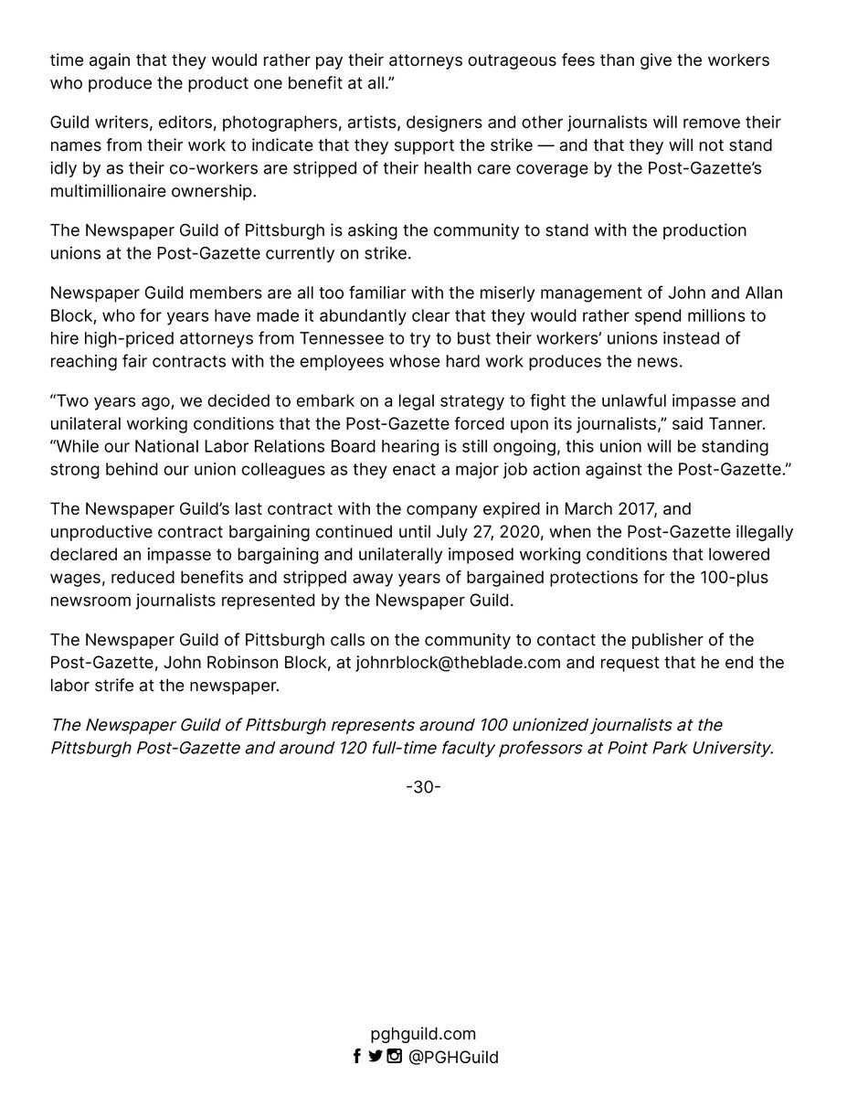 The Newspaper Guild of Pittsburgh stands with the production, distribution and advertising workers at the Pittsburgh Post-Gazette as they commence a strike in response to the termination of their health care coverage and failed negotiations with the Post-Gazette.