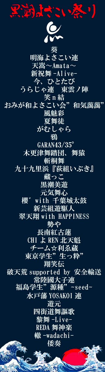 kuroyosa_info's tweet photo. 【参加チーム決定‼️】
黒潮よさこい祭り
予定30チームを上回る申込みありがとうございます😊

#千葉
#銚子
#よさこい祭り
#地域活性化
#青少年健全育成
#イベント
#よさこい
#ソーラン https://t.co/546UjAdFhR
