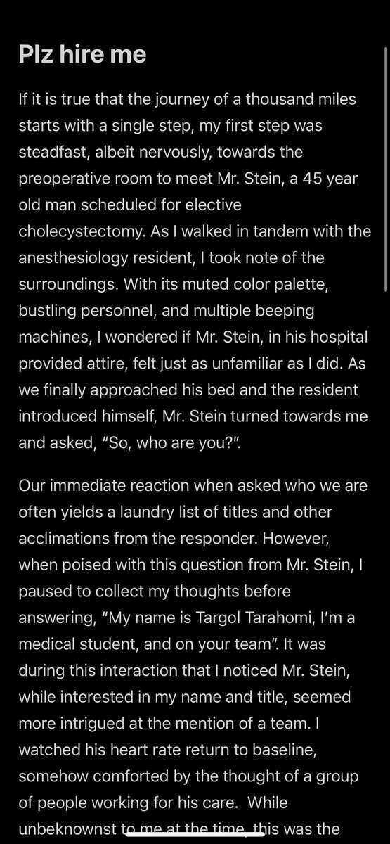 Targol10's tweet photo. Here’s my PS, if anyone out there would like to read. I debated posting it on a platform like Twitter, but #anesthesia is a beautiful field that deserves more awareness &amp; there arent enough PS ex for future applicants. It’s not perfect, but its authentic, &amp; hopefully it resonates https://t.co/ubJ6OMyrmb
