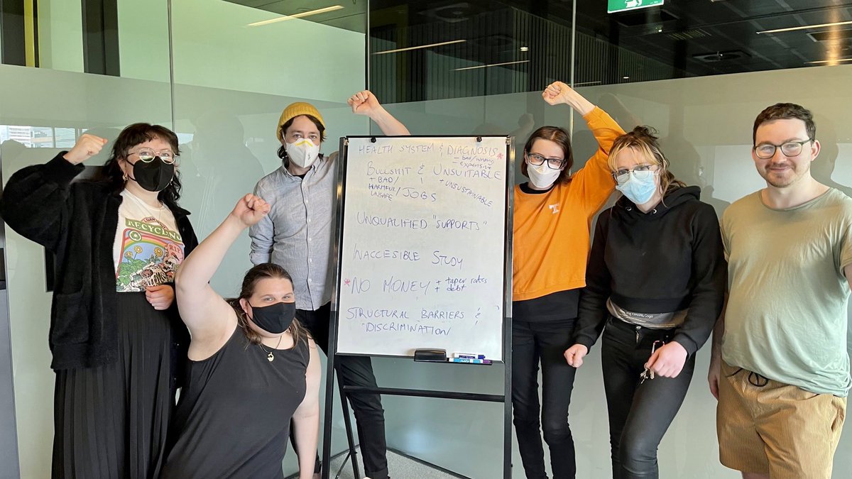 Today is our first IRL event (excluding protests ofc)! 

Preparing our responses to the Workforce Australia inquiry, poverty inquiry & employment white paper.

Thanks to all co-authors #BTPM ✊

L to R: @gravemoth @headkittens @JayCoonan @kristin8X @invisibleevie @Josh_McGee_G