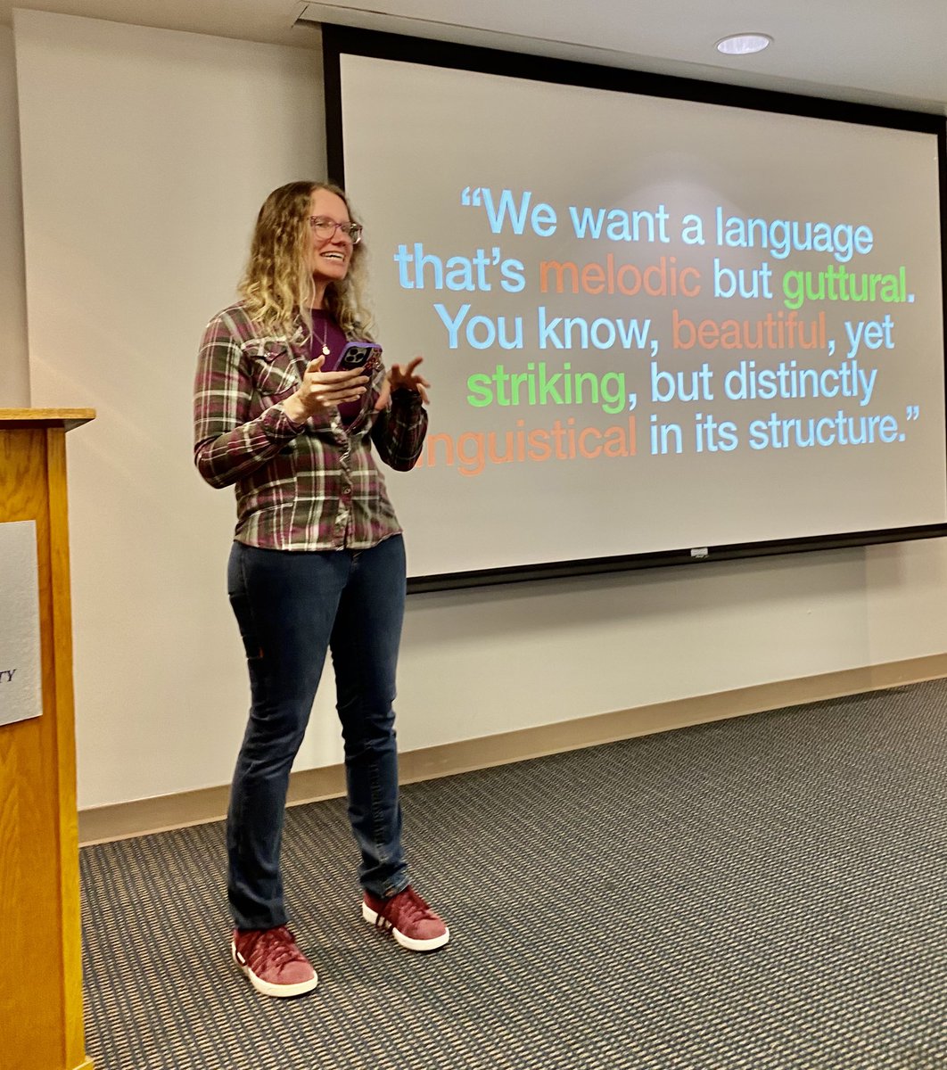 MLCGeorgetown's tweet photo. POV: someone in Hollywood asks you to create a language for tv/movies and they want it to be…linguistical. Conlanger Jessie Sams does this for a living! Thanks for a beautiful, yet striking, utterly linguistical career talk @quothalinguist 🙌 👏 https://t.co/OdhCBkeOe9