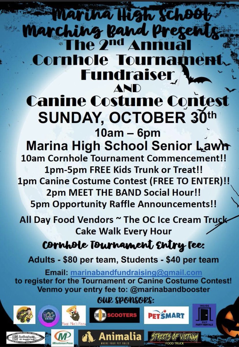 BandViking's tweet photo. Join us for our 2nd Annual Cornhole Tournament! Lots of family fun happening at Marina High on October 30th - come on down &amp; support the Marina Instrumental Music Dept!! #huntingtonbeach #cornhole #halloweenweekend https://t.co/B5vyNVmdqY