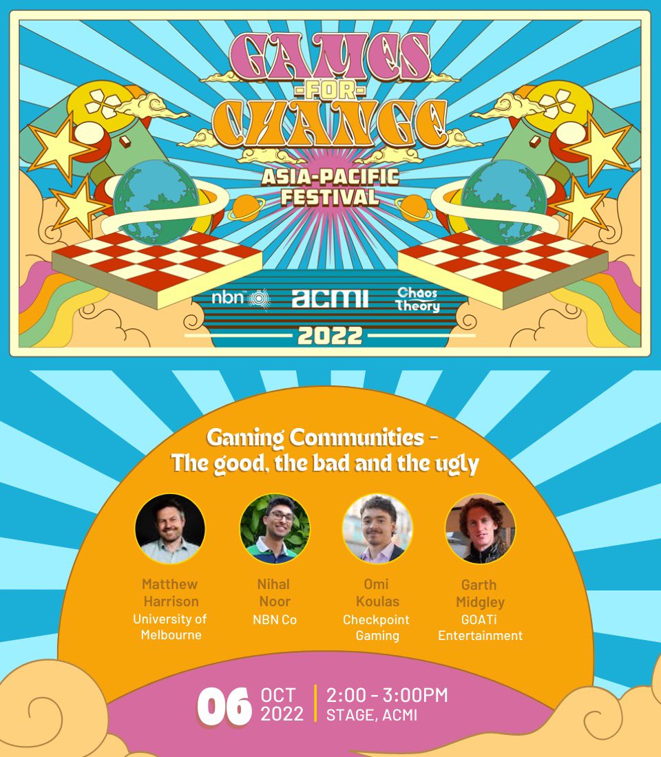 g4capac's tweet image. “Gaming Communities - The good, the bad and the ugly” #G4CAPAC panel is starting now! 

Excited to hear from @hattdesigns, @ombeagle, @okoulas and @GOATi_E 🎮✨

Live at ACMI and you can also join online here: hopin.com/events/games-f… #MIGW22