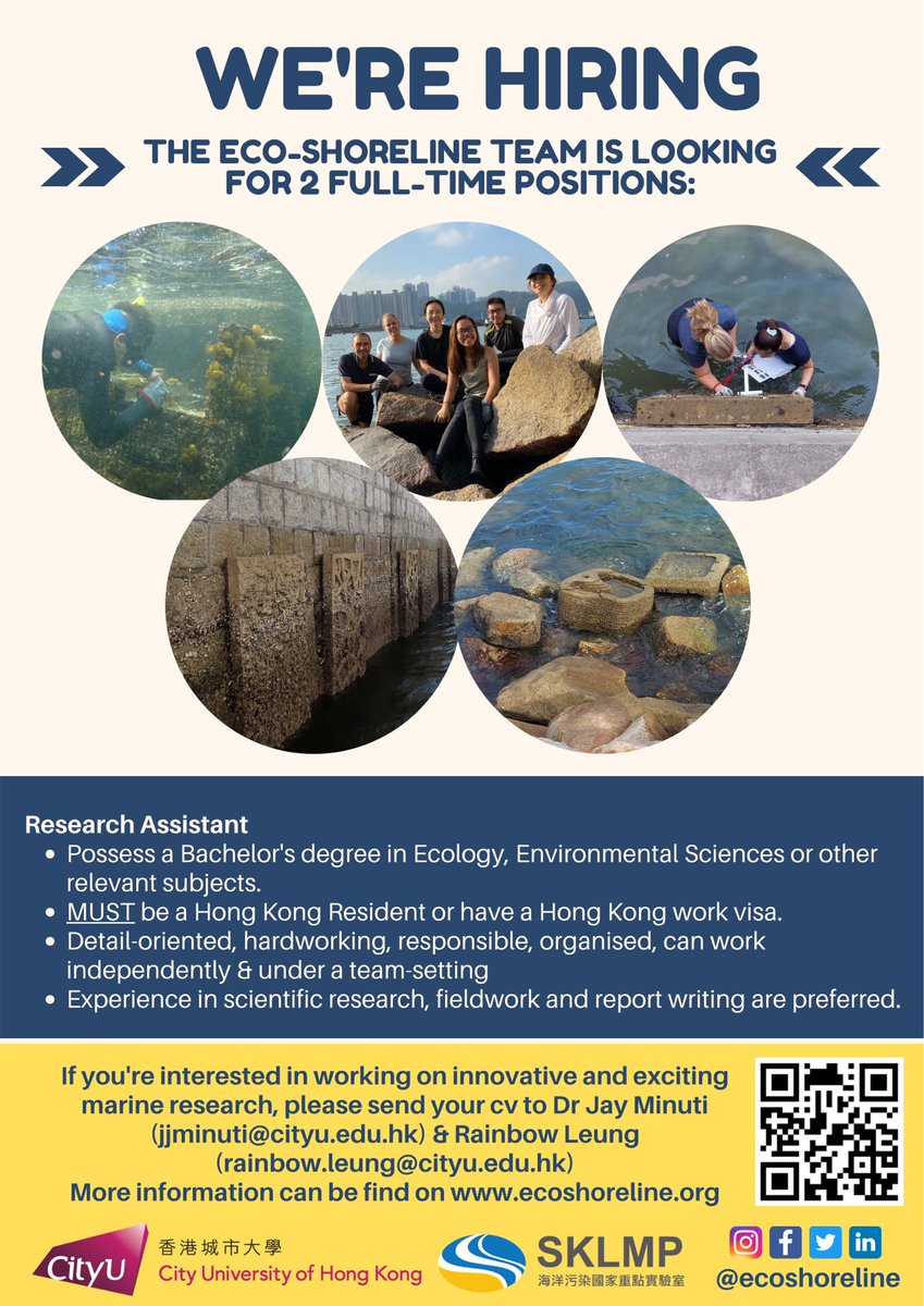 I've just joined the @ecoshoreline team at @CityUHongKong, & we're hiring! If you're interested in working on innovative coastal research & restoration ecology, drop me a DM or an email 🦪🐚 #restoration #ecoengineering #conservatiom @CityUChem @Marine_SKLMP @Kenny_MY_Leung