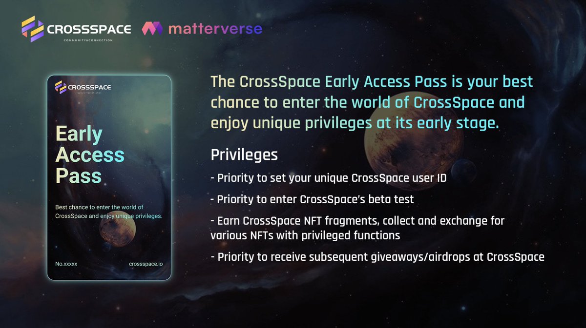 matterverse's tweet image. CrossSpace X Matterverse
5*CS Pass Giveaway
✨Early access to choose your unique ID
✨Earn NFT fragments for premium features
✨Receive future giveaways 
✅Follow @CSpaceOfficial @Leoninweb3 @matterverse
✅Like, retweet, &amp;amp; tag 1 fren 
✅Join DC discord.gg/crossspace
48hrs🔥