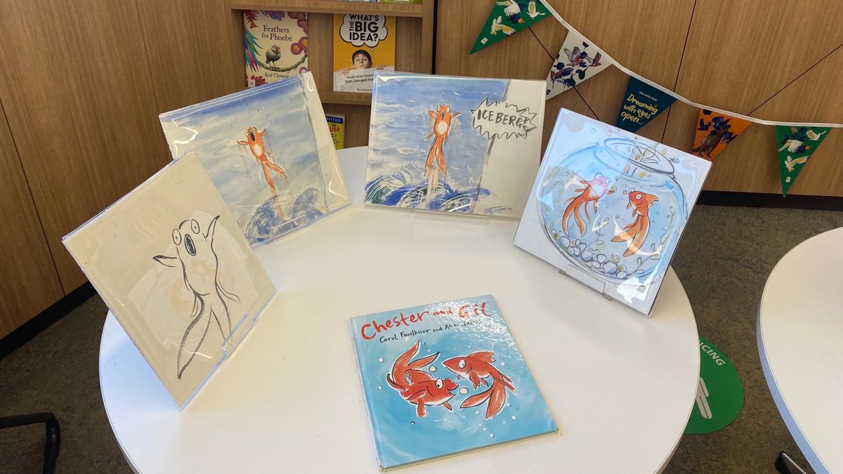 Wesley_College's tweet photo. Our Glen Waverley Campus library was transformed into a '#GalleryForADay,’ packed full of vibrant, original illustrations from some of our students' favourite illustrators, including #AnnJames, illustrator of ‘Chester and Gil’. The aim, to inspire a love of #literature! https://t.co/O7CNBuH56p