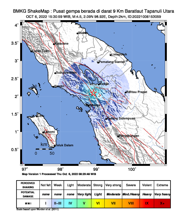 #Gempa Mag:4.5, 06-Okt-22 15:30:59 WIB, Lok:2.09 LU, 98.92 BT (Pusat gempa berada di darat 9 Km Baratlaut Tapanuli Utara), Kedlmn:2 Km Dirasakan (MMI) IV Tarutung, III Sibolga, III Silangit, III Sipahutar, II Humbang Hasundutan, II Toba #BMKG