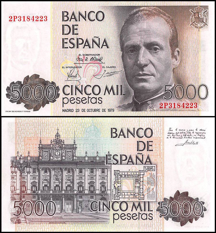Spain 5,000 Pesetas, 1979. The obverse side features Alberto Schommers portrait of King Juan Carlos I and the Spanish coat of arms. The reverse side features the floor plan and the building of Palacio Real in Madrid.
Available here: loom.ly/U-vy4pI
#Spain #Banknote