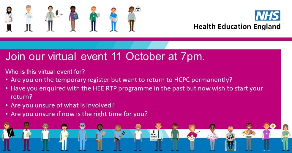 NHSE_WTE's tweet photo. Interesting in returning to practice? Join us on 11 October at 7pm! ➡️ https://t.co/nemz5K3aI9⬅️ 

#Iamreadytoreturn 
@PaulChapman09 
@NatashaPisarski https://t.co/zoZHCtG0wg