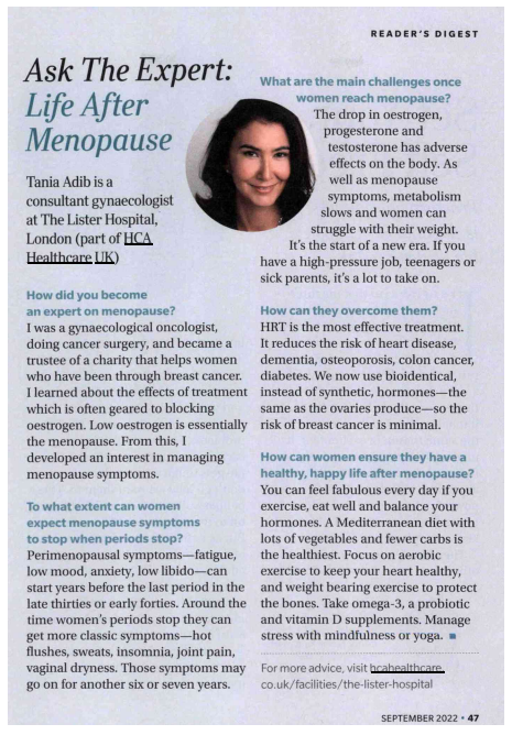 Tania Adib, Consultant Gynaecologist at The Lister Hospital, spoke to <a href="/readersdigestUK/">Reader’s Digest</a> about life after the menopause, including the main challenges women face when they reach menopause and tips on how to balance symptoms.

Find out more here: pulse.ly/agzl4akb2v