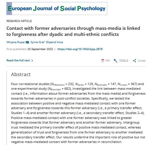 Brno Lab of Intergroup Processes (@brnolab) on Twitter photo Happy to share a new paper by members of our lab <a href="/mirjanarupar87/">Mirjana Rupar</a>
, <a href="/SylvieGraf_Psy/">Sylvie Graf</a>
& <a href="/ShpendVoca/">Shpend Voca</a>. Early view publication on topic of positive and negative mass-mediated contact and reconciliation is available at onlinelibrary.wiley.com/doi/full/10.10… . Happy to share a new paper by members of our lab <a href="/mirjanarupar87/">Mirjana Rupar</a>
, <a href="/SylvieGraf_Psy/">Sylvie Graf</a>
& <a href="/ShpendVoca/">Shpend Voca</a>. Early view publication on topic of positive and negative mass-mediated contact and reconciliation is available at onlinelibrary.wiley.com/doi/full/10.10… .
