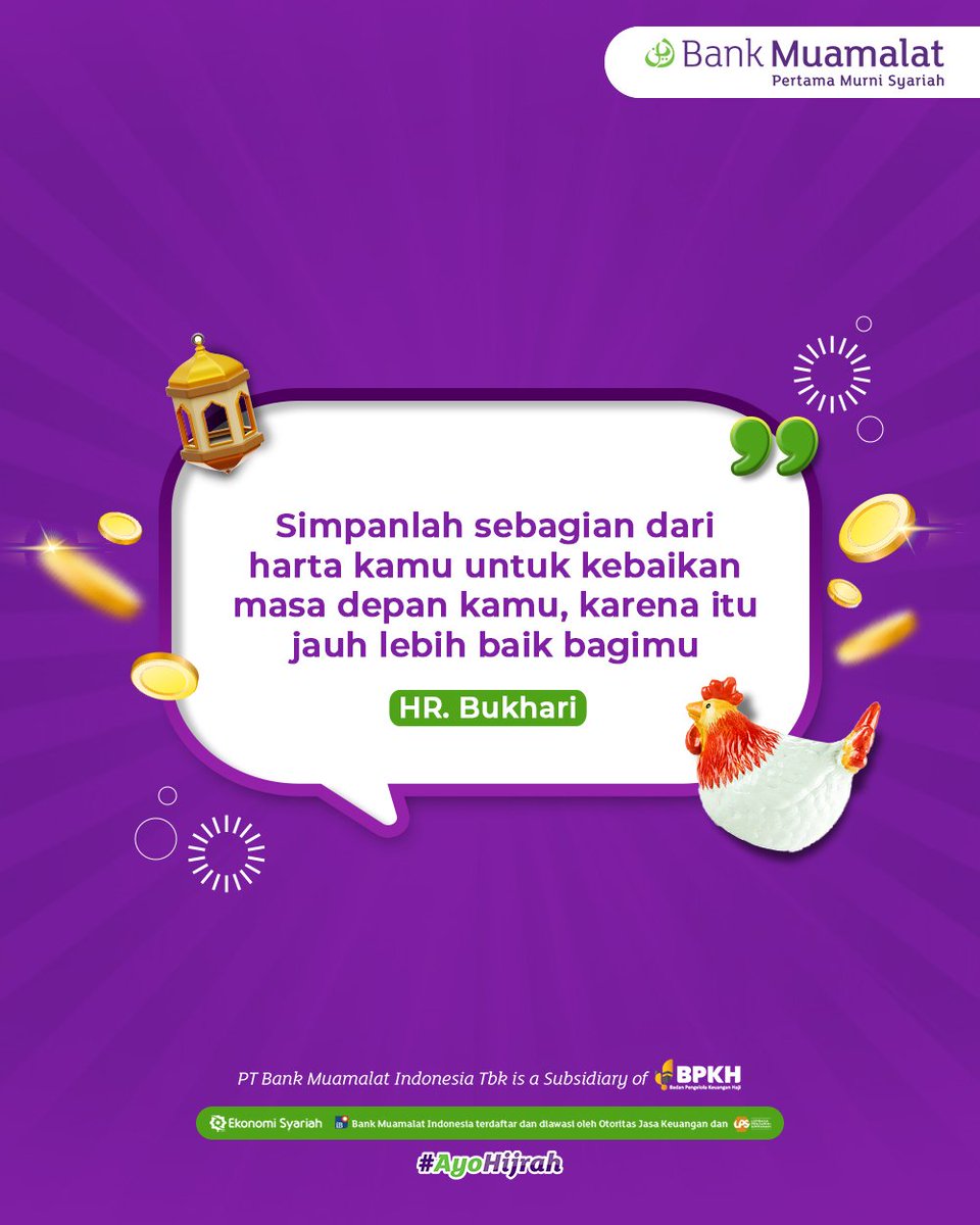 Assalamualaikum BMers! Yuk, sisihkan sebagian hartamu untuk kebaikan masa  depan! Karena hanya Allah SWT yang memberikan kita semua kebahagiaan dan  nikmat hidup sampai hari ini. #MuamalatShare #BankMuamalat #BankSyariah