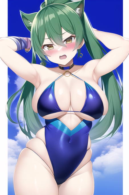 #NovelAIDiffusion  #novelAI 

novelAI先生、日本語だと言うこと聞いてくれないみたいです。
赤髪ボブカットのスタジャンって言ってるのに、
なぜ緑髪のむちむちボディに描いた…… 