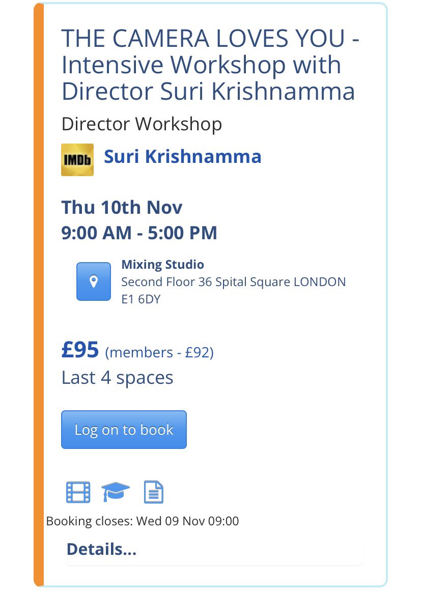 ONLY 4 SPACES LEFT!

We are so exited to have Director Suri Krishnamma in for a one-day intensive workshop which will cover the nuts and bolts of performing on camera!

Go to our website to book your space: mixingnetworks.com/Event 

#Actor #ScreenActing #ActingClasses
