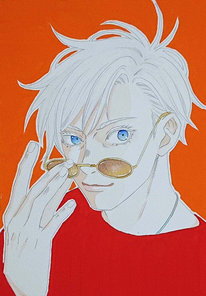 gojou satoru blue eyes 1boy solo male focus short hair orange background looking at viewer  illustration images